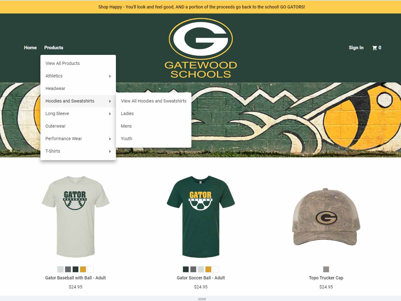 A screenshot showing the main page of the gatewood schools online store.